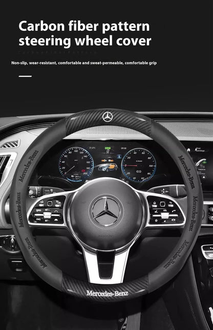 Mercedes-Benz Carbon Fiber Leather Steering Wheel Cover — Anti-Slip Fit for A/B/C/E/S/V/R-Class, C43, CLA, GLA, GLB, GLC, GLK, SLK, SL, Vito