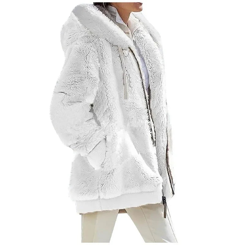 Autumn Winter Women's Hooded Coat – Casual Zipper Cashmere Fleece Jacket Solid Color Ladies Outerwear