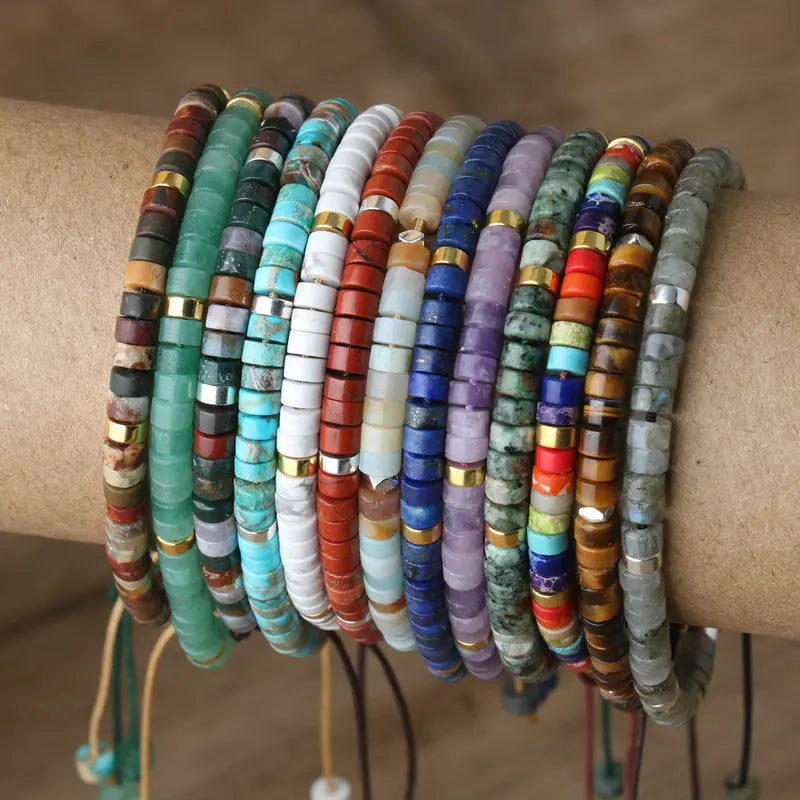 Natural Blue Emperor Stone Beaded Bracelet – Polished Block Beads, Adjustable Woven Rope Women’s Gift Jewelry