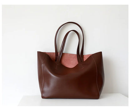 Customizable Name Large Capacity Commuter Bag – 100% Genuine Leather Soft Tote, Single Shoulder & Diagonal Shopping Bag