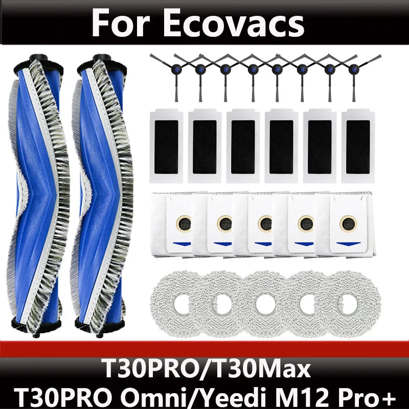 ECOVACS T30S PRO/T30 PRO OMNI & YEEDI M12 Pro+ Robot Vacuum Replacement Parts – Dust Bag, Main & Side Brush, Filter, Mop Accessories