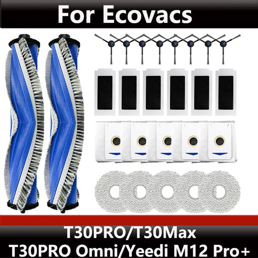 ECOVACS T30S PRO/T30 PRO OMNI & YEEDI M12 Pro+ Robot Vacuum Replacement Parts – Dust Bag, Main & Side Brush, Filter, Mop Accessories