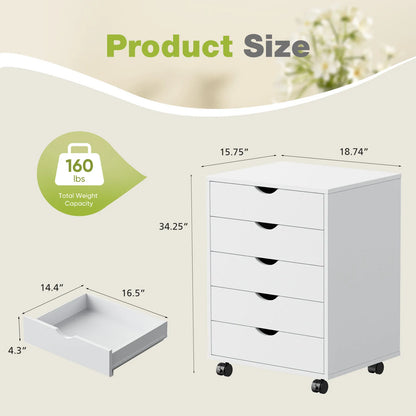 Wood Nightstand Cabinet with 5 Drawers – Waterproof Surface Storage Organizer with Rotating Wheels, Easy-Move Bedside Table for Office