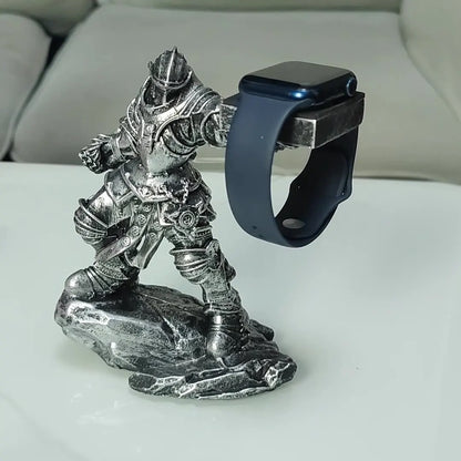 Apple Watch Charging Dock Stand – Cartoon Desktop Smartwatch Holder with Black Warrior Figurine Support
