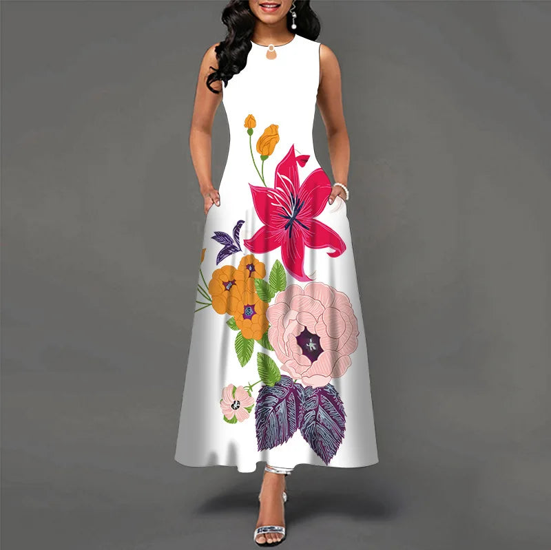 Women’s Loose Floral Vintage Maxi Dress – Ruffled Hole Summer Camis Big Size Elegant Party Dress