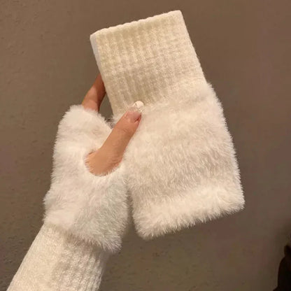 Stay Cozy in Luxury: Women's Mink Fleece Half Finger Gloves - Soft Winter Warmth in Solid White, Plush Knitted Fingerless Design for Comfort
