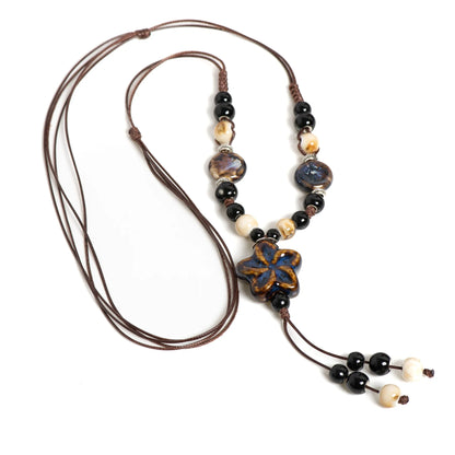 Handmade Ceramic Star Pendant Necklace - Adjustable Long Boho Blue Gem Jewelry for Women
