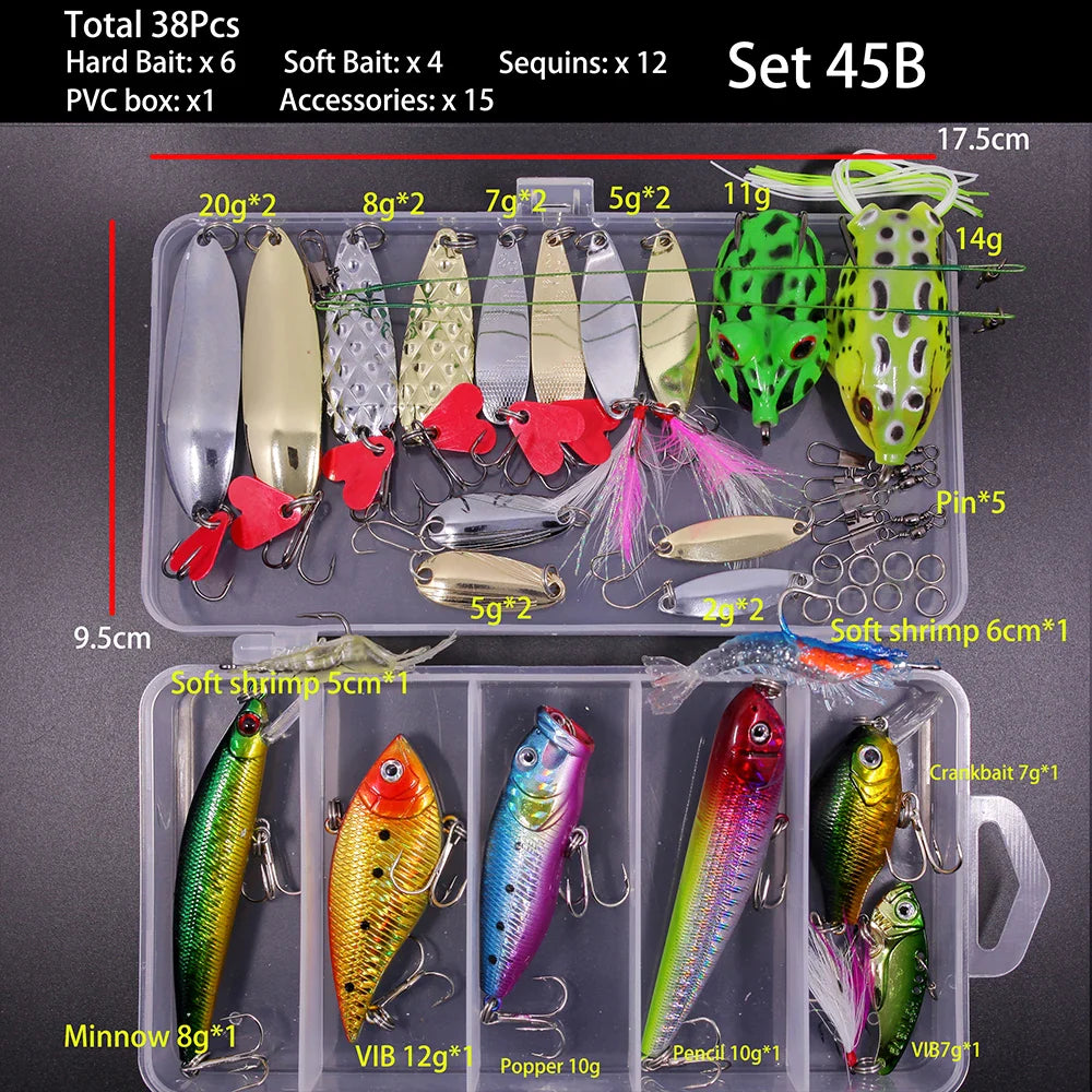 FFLYBG Mixed Fishing Lure Set with Box – Soft & Hard Bait Kit Including Minnow, Metal Jig Spoon & Crankbait for Bass and Pike Fishing Tackle Kit