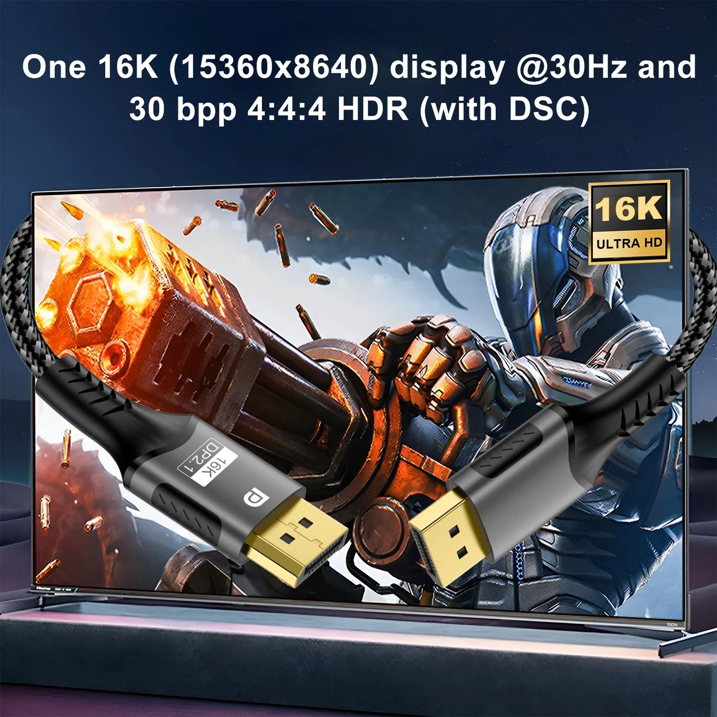 16K DisplayPort 2.1 Cable – 8K@120Hz, 4K@240Hz, 80Gbps HDR Video & Audio for Laptop, TV, Xbox, Projector, Gaming Monitor