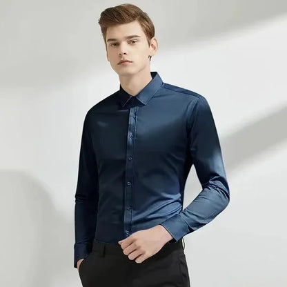Men's Long-Sleeved Elastic Dress Shirt - Non-Iron Business Attire with Stand-Up Collar - Professional Work Shirt