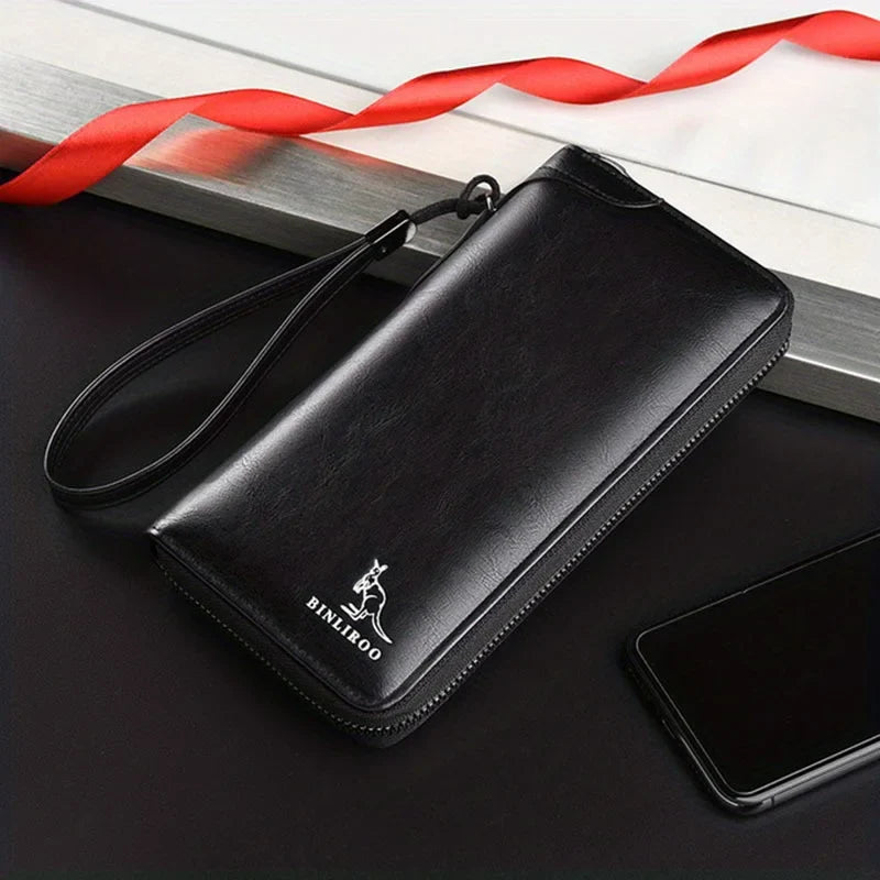 Men's Long Zipper Wallet – High-Quality PU Leather, RFID Blocking Business Clutch, Credit Card Holder