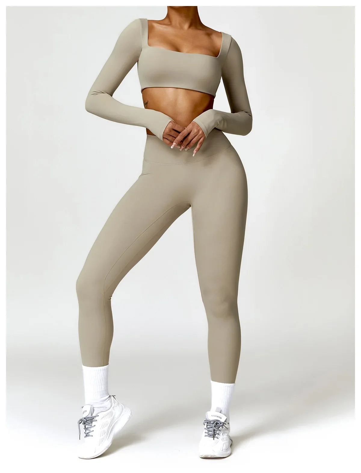 Hearuisavy 2PCS Long Sleeve Gym Set for Women, Quick-Drying Yoga Clothes, Sportswear, Running Leggings, Workout Sports Crop Top