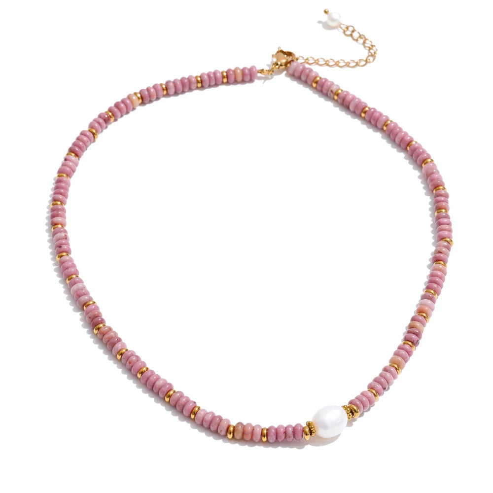 Yhpup Colorful Natural Stone Bead Necklace – Handmade Y2K Stainless Steel Waterproof Chain Jewelry for Women