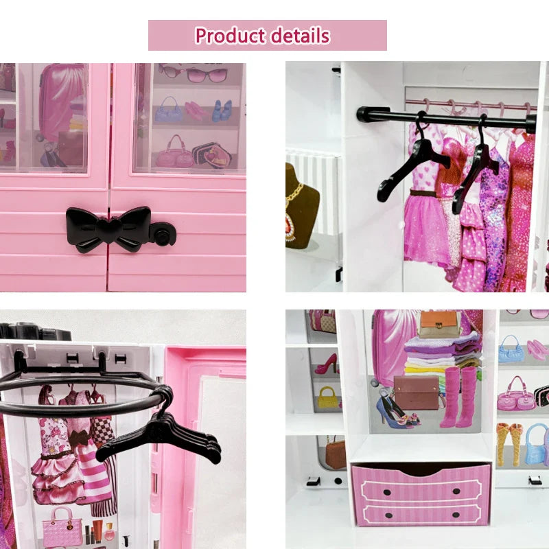 Pink Doll Wardrobe Playset with 10 Hangers – Fold-Out Portable Closet Fashion Toy Gift
