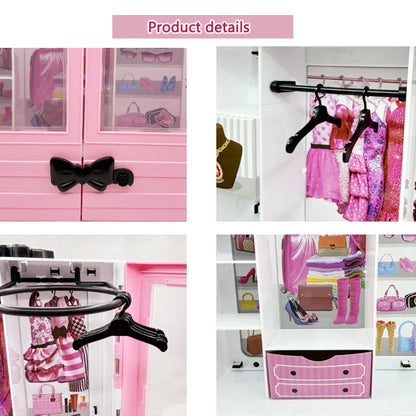 Pink Doll Wardrobe Playset with 10 Hangers – Fold-Out Portable Closet Fashion Toy Gift