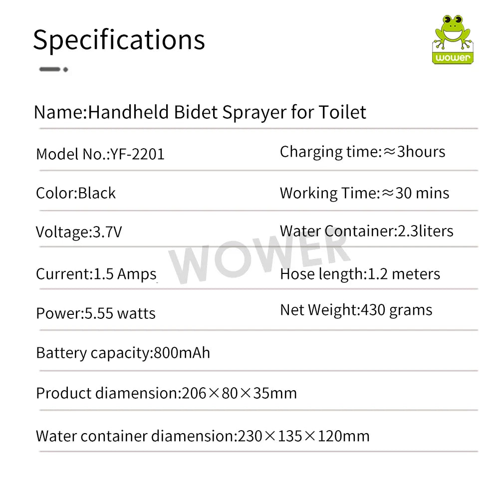 Wower Portable Electric Bidet for Personal Hygiene – 2.3L Rechargeable Shattaf Travel & Camping Bidet Shower Sprayer