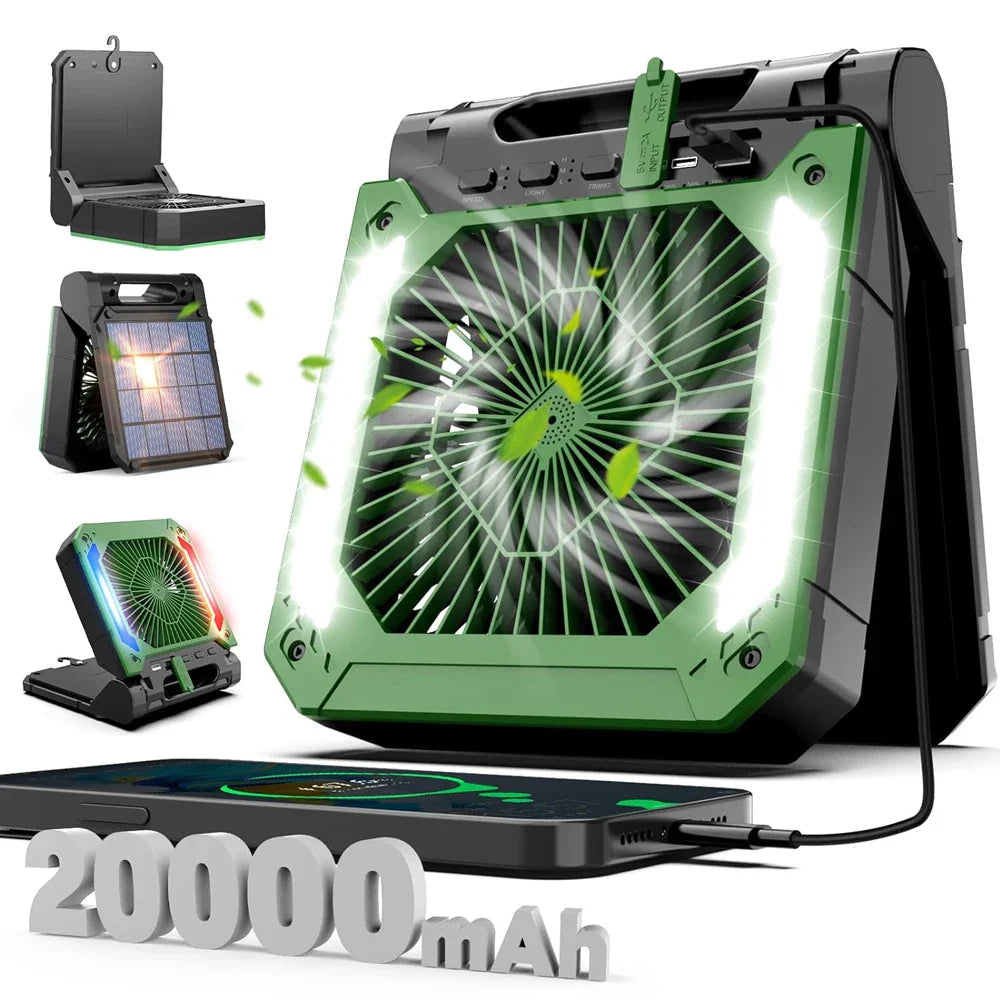 20000mAh Portable Electric Fan with LED Light — USB, Solar & Car Charging for Camping