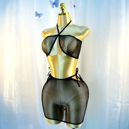 Women’s Sexy Fishnet Long Sleeve Cover-Up Dress – Hollow Out Bodycon Beachwear, Music Festival & Vacation Outfit (DSH617)