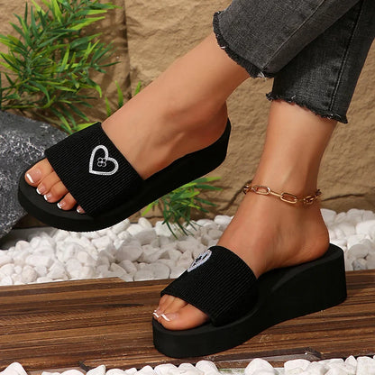 Women’s Pearl Butterfly Wedge Slippers – Black Elastic Platform Sandals, Summer Comfort Non-Slip Beach Slides