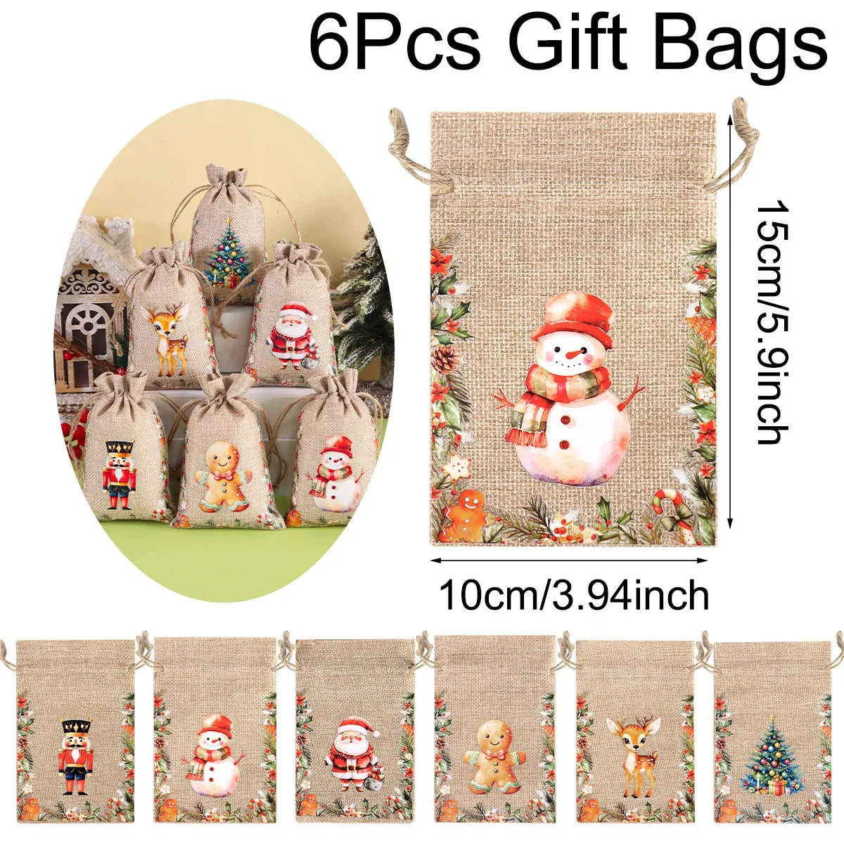 6pcs Christmas Linen Drawstring Gift Bags - Burlap Candy Biscuit Pouches for Holiday Decor & Xmas Gift Packaging