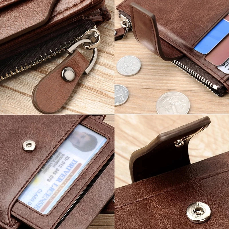 Luxury Leather Men’s Short Wallet – RFID Card Holder with Zipper Coin Purse Portable Billfold