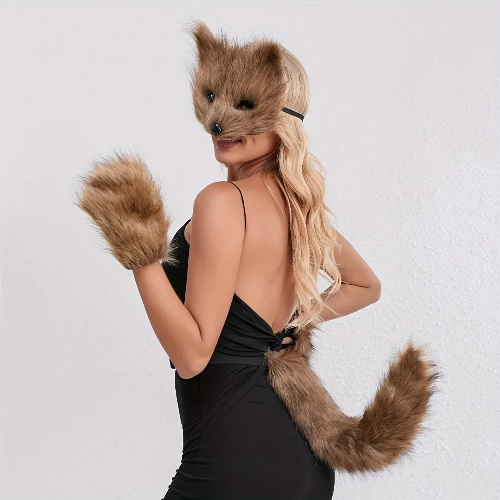 5pcs Fluffy Fur Fox Tail & Cat Paws Gloves Set — Wolf Mask Halloween Cosplay Costume Accessories for Theme Party Dress-Up