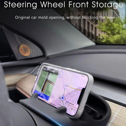 Steering Wheel Front Storage Box for Tesla Model 3/Y 2023 – Multifunctional Silicone Phone & Glasses Holder Car Accessory