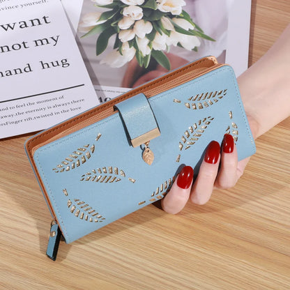 Women’s Long PU Leather Wallet – Gold Hollow Leaf Design Clutch Purse with Coin Pocket & Card Holders