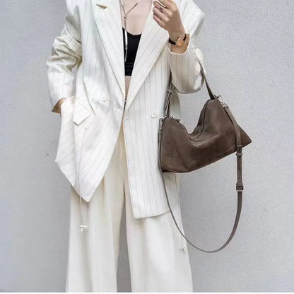 Simple Autumn Winter Grey & Brown Boston Tote — Soft Matte Suede Cow Leather Women's Shoulder Handbag