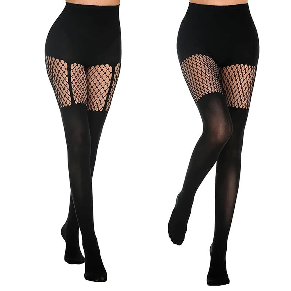 Black Hollow-Out Fishnet Pantyhose – Sexy Suspender Tights for Women, Nightclub & Dance Socks