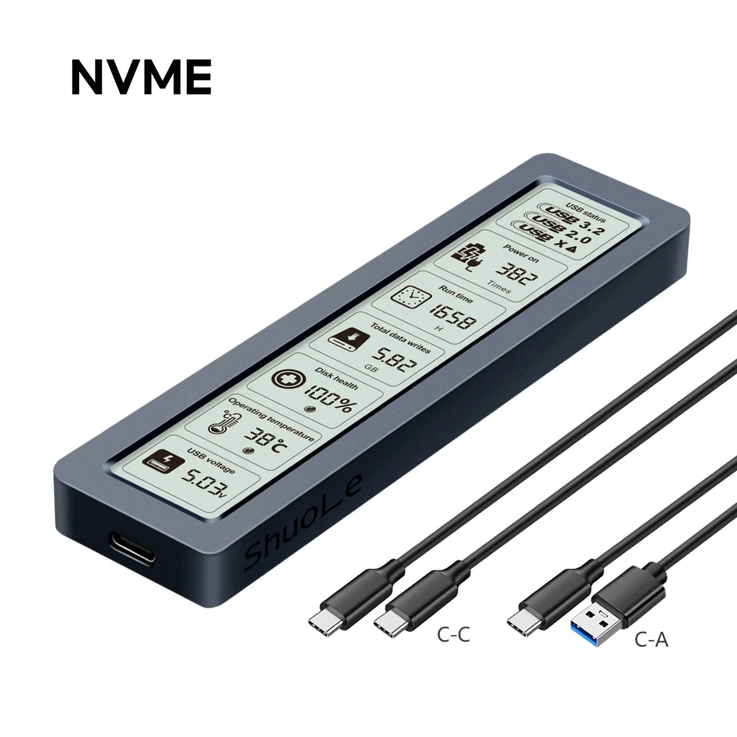 M.2 NVMe SATA SSD Enclosure – Smart Visual Case, USB 3.2 Gen 2, 10Gbps, PCI-E 20Gbps Speed