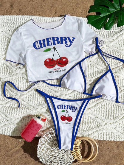 2026 Women’s Printed Mesh Bikini Set – Sexy 3-Piece Split Swimsuit Top Beachwear Swimwear