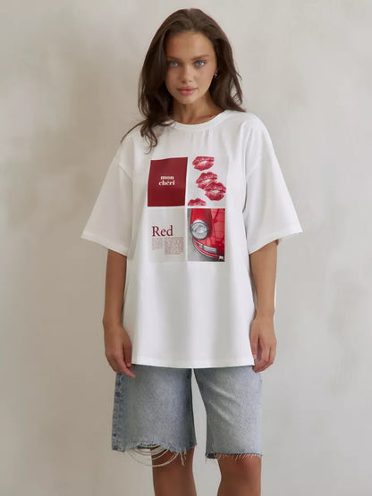 Women’s Y2K Graphic Print T-Shirt – Pure Cotton Short Sleeve Retro High Street Summer Top