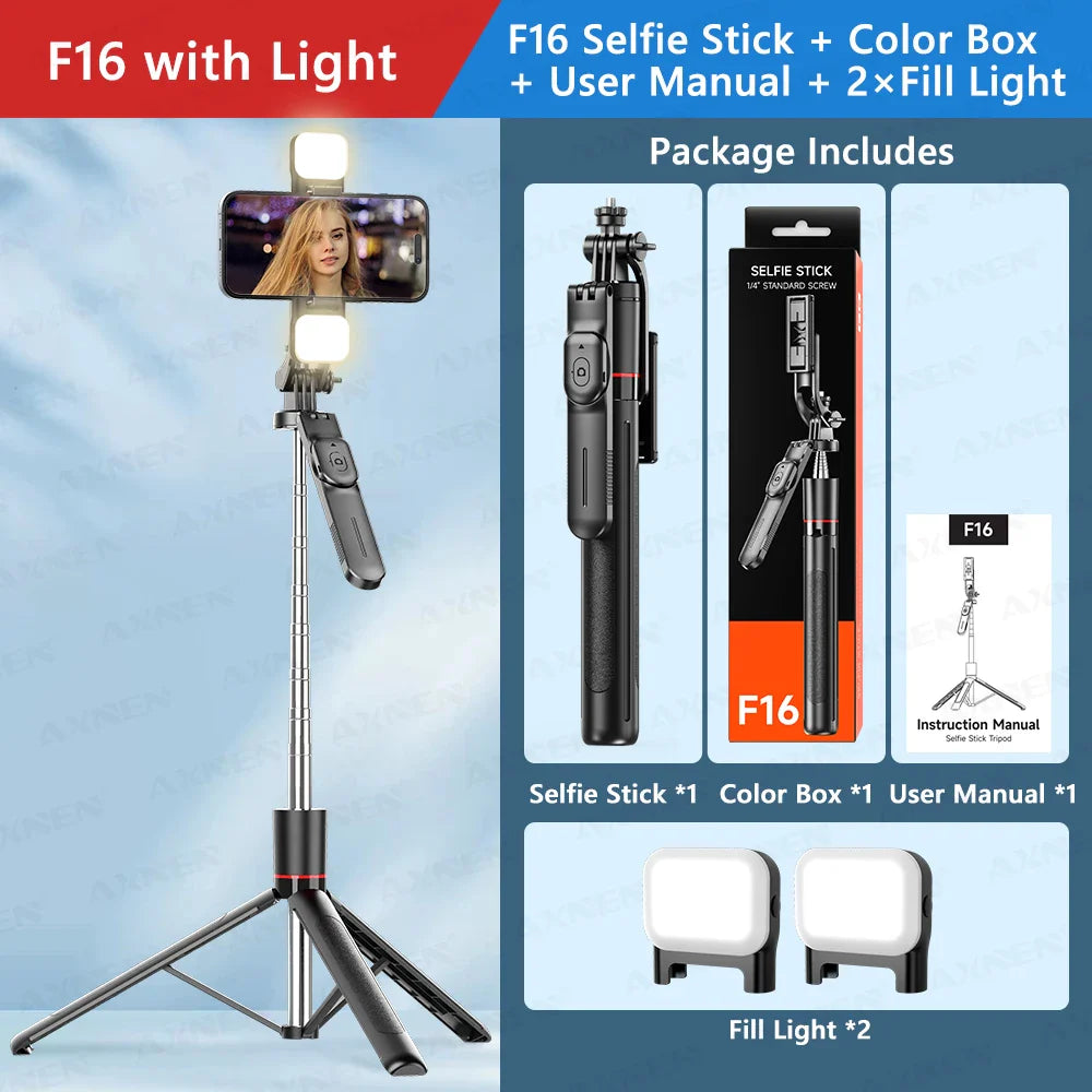 F16 Selfie Stick Tripod – 1708mm 8-Section Extendable Pole with Bluetooth Remote, 360° Rotation & 1/4 Screw Mount for Phone Camera Vlogging & Photography