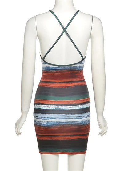 Kliou Striped Mini Dress - Sexy Backless Slash Neck Vintage Clubwear