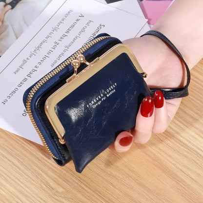 Women's Wrist Strap Wallet - Large Capacity Short Wax Oil Leather Zero Wallet with Multi-Card Holder and Letter Design
