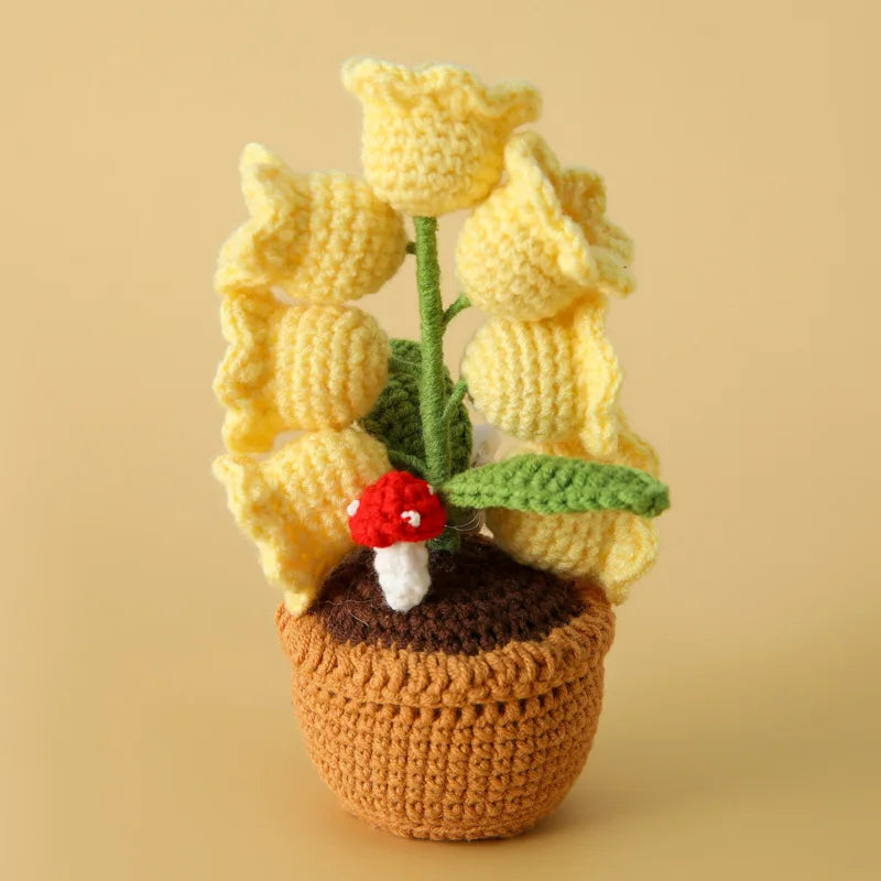 Handmade Crochet Bell Orchid in Pot – Knitted Artificial Flower with Light for Desktop & Easter 2025 Decor