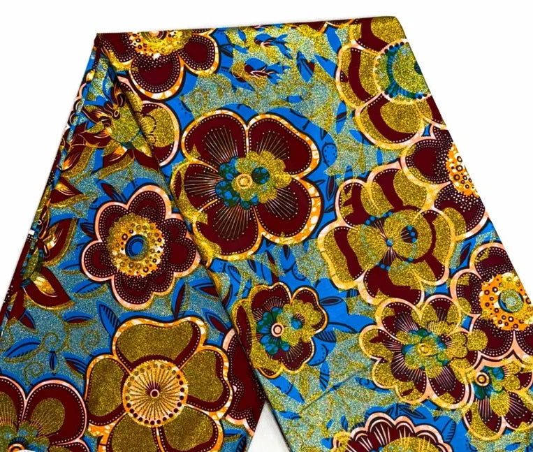 African Golden Glitter Wax Fabric - Soft Cotton Ankara Gold Print Batik 6 Yards