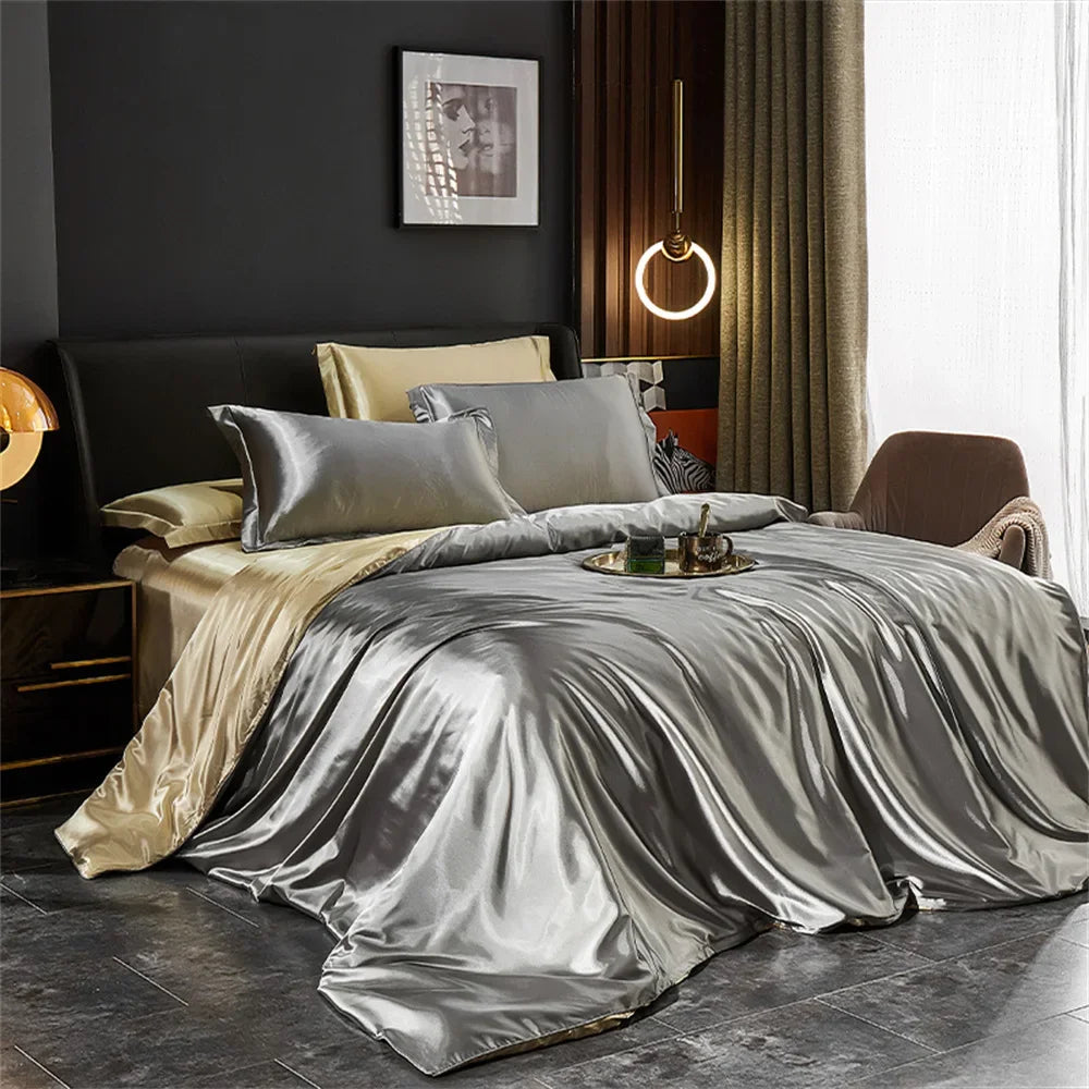 Luxury Silk Bedding Set - Satin Duvet Cover Bed Sheet & Pillowcase Set for Single Double King Queen Twin Beds