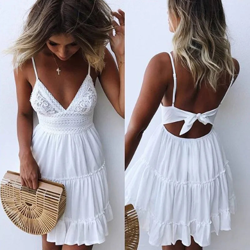 Women’s Summer Solid Color Lace Strap Dress – Elegant Sexy Splicing Vacation Beach Sundress for Holiday Wear