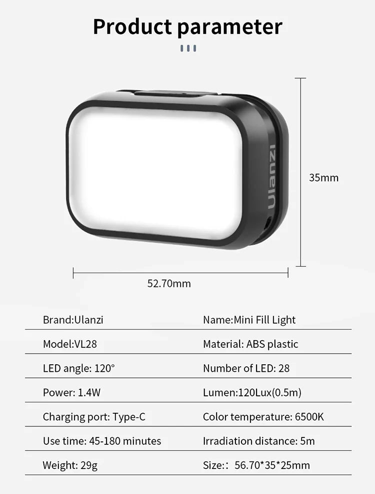 Ulanzi VL28 6500K Mini LED Video Light — Rechargeable On-Camera Light for GoPro 10/9/8 & iPhone 13/12/11