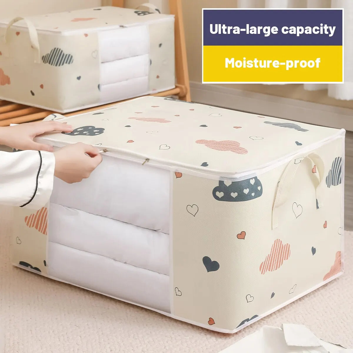 Large Capacity Clothes Storage Bag Organizer - Reinforced Handle for Blankets, Bedding - Foldable with Sturdy Zipper