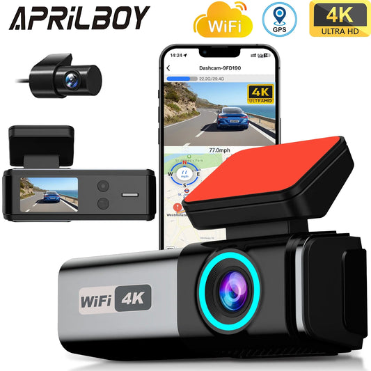 Aprilboy 4K WiFi Dash Cam 2160P – Dual Lens Front & Rear Car DVR, Night Vision, G-Sensor, 24H Parking Monitor