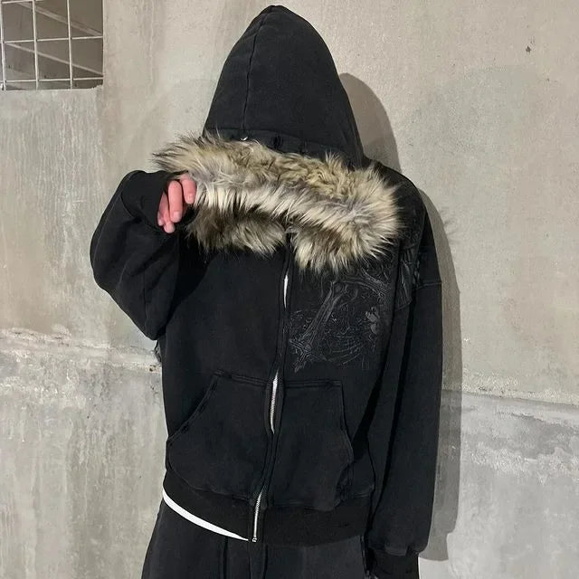 Y2K Vintage Streetwear Men’s Hoodie – Warm Loose Cardigan with Fur Collar & Skull Print Zipper Sweatshirt for Winter