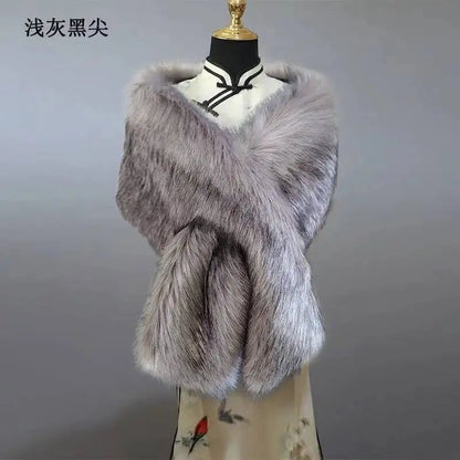 32-Color Luxury Faux Fox Fur Shawl – Women’s Plush Winter Scarf, Wrap & Cape for Wedding & Coat