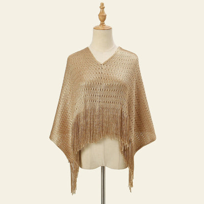 Evening Lace Sheer Shawl Scarf – Hollow Tassel Glitter Gold & Silver Thread Thin Long Sunscreen Wrap for Women Party Dresses