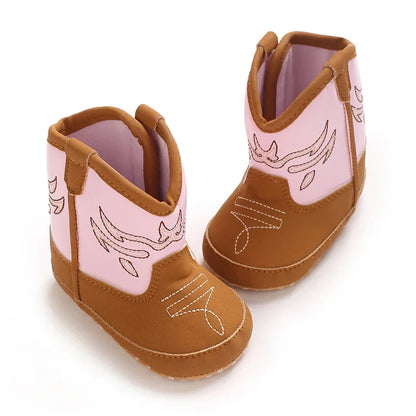 Western Cowboy Baby Boots - Soft Sole Embroidered Pre-Walker Shoes for Newborn Girls 0-18M