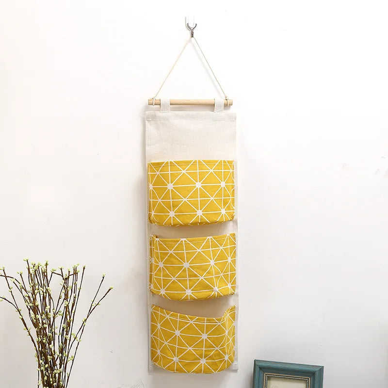 Three-Pocket Hanging Wall Storage Bag – Cotton Linen Organizer for Bedroom, Living Room & Kitchen