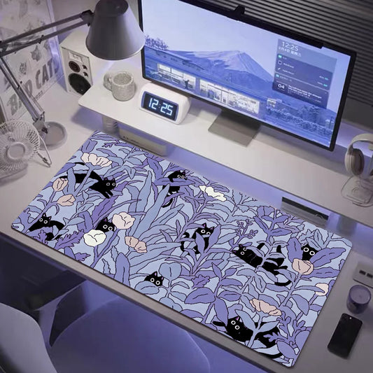 Kawaii Black Cat XXL Mouse Pad — Green Plants Anime Desk Mat for PC Gaming & Keyboard Accessories