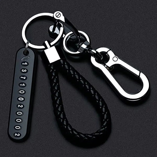 Trendy DIY Mobile Number Plate Keychain – Men’s Punk Woven Leather Rope, Anti-Lost Car Keychain Accessory